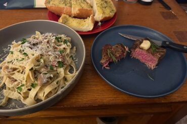 Filet Mignon and Creamy Tagliatelle with Pancetta, Mushrooms, and Truffle Oil