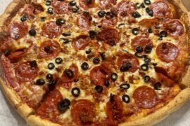 Bacon, pepperoni and black olives from my local Greek establishment