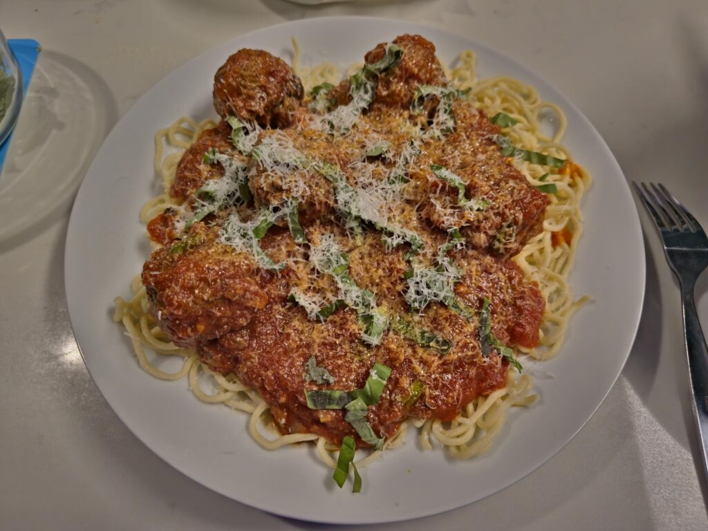 Spaghetti from scratch! Homemade meatballs, sauce, and pasta.