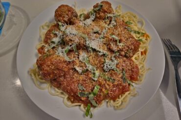 Spaghetti from scratch! Homemade meatballs, sauce, and pasta.