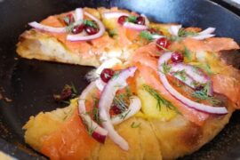 Special Holiday Roman Pizza in padella with potato and lightly salted trout.