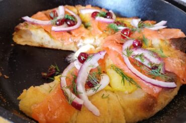 Special Holiday Roman Pizza in padella with potato and lightly salted trout.