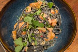 Creamy chili garlic salmon linguine