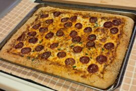 Friday night pepperoni Grandma pie, garlic bread crust - from the toaster oven