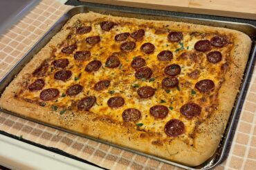 Friday night pepperoni Grandma pie, garlic bread crust - from the toaster oven