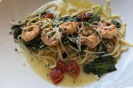 White Wine Shrimp Scampi - Linguine, White Wine Gsrlic Butter, Heirloom Tomatoes, Spinach, Pecorino Cheese