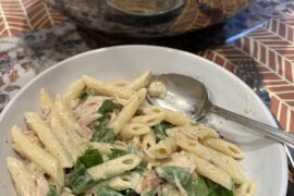 Penne with rotisserie chicken and basil