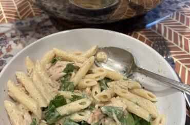Penne with rotisserie chicken and basil