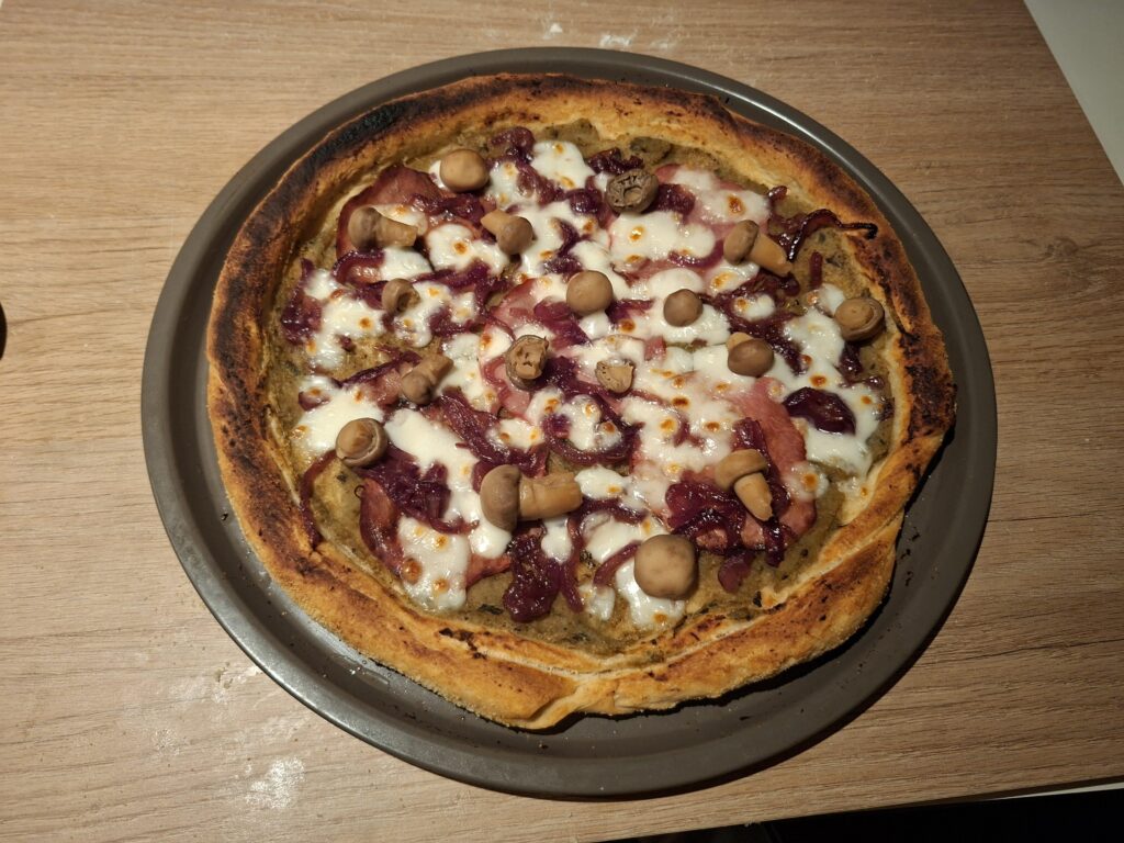 Eggplant cream, bacon, caramelized onions and mushrooms.