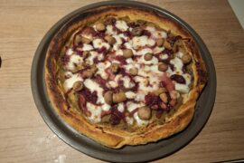 Eggplant cream, bacon, caramelized onions and mushrooms.