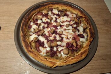 Eggplant cream, bacon, caramelized onions and mushrooms.