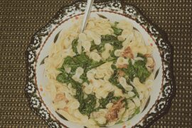 Baked Fig Goat Cheese Farfalline with Lemon, Garlic, Arugula, and Crispy Prosciutto