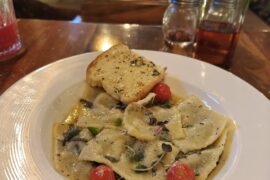Spinach mushroom ricotta ravioli with burnt butter sage sauce