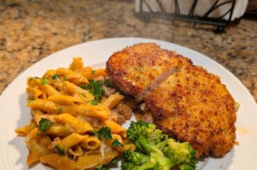 French Onion Pasta with Chicken Milanese