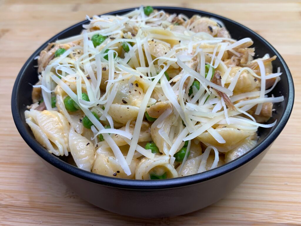 Cheesy Chicken Pasta in a little black bowl