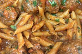 Penne and home made meatballs with tomato sauce