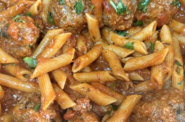 Penne and home made meatballs with tomato sauce