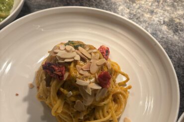 Spaghetti with Trapanese pesto.