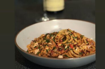 Crab and salmon bucatini