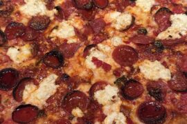 Cup-and-char pepperoni, chopped hot cherry peppers, ricotta, hot honey