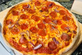 Made a Quick Dough-Pepperoni, Red Onion, Mozz, Munster and Feta