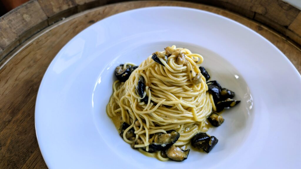 Homemade pasta a la Carbonara with eggplant.