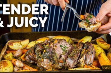 Tender Slow Roast Sicilian Lamb with Potatoes and Garden Herbs