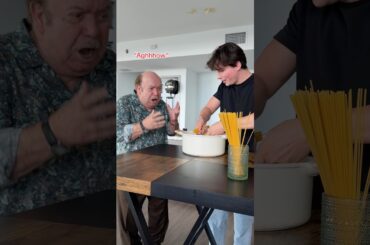 Breaking spaghetti in front of Italian grandfather Lino Banfi