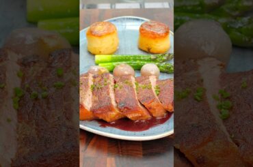 Sirloin Steak with Fondant Potato, Glazed Shallots, Red Wine Jus & Buttered Asparagus #shorts
