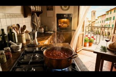 Italian Kitchen Ambience 🇮🇹 Simmering Sauce, Church Bells & Spring Breeze | 3 Hours 4K