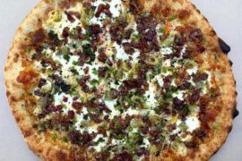 Homemade spicy Giardiniera and bacon pizza