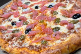 Hello to everyone .This is my pizza with smoked salmon and olives.