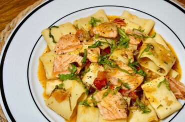 Home-Extruded Paccheri with Torched Salmon, Leccino Olives & Cherry Tomatoes