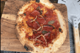 Salami, Pecorino Romano and fresh Basil on Vera Blue