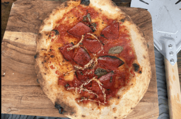 Salami, Pecorino Romano and fresh Basil on Vera Blue