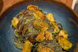 Squid ink linguine Pesto with Salmon