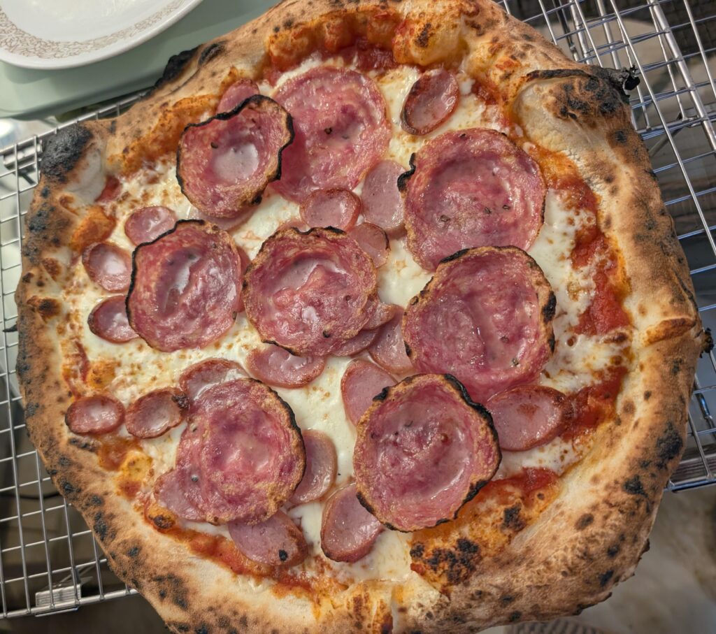 24 hour RT poolish, 65 hour CT, 5 hour RT, 70% hydration salami and kurobuta sausage