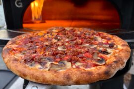 Homemade bacon and mushroom pizza