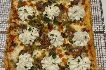 Detroit sausage & giardiniera with a smoked gouda frico.