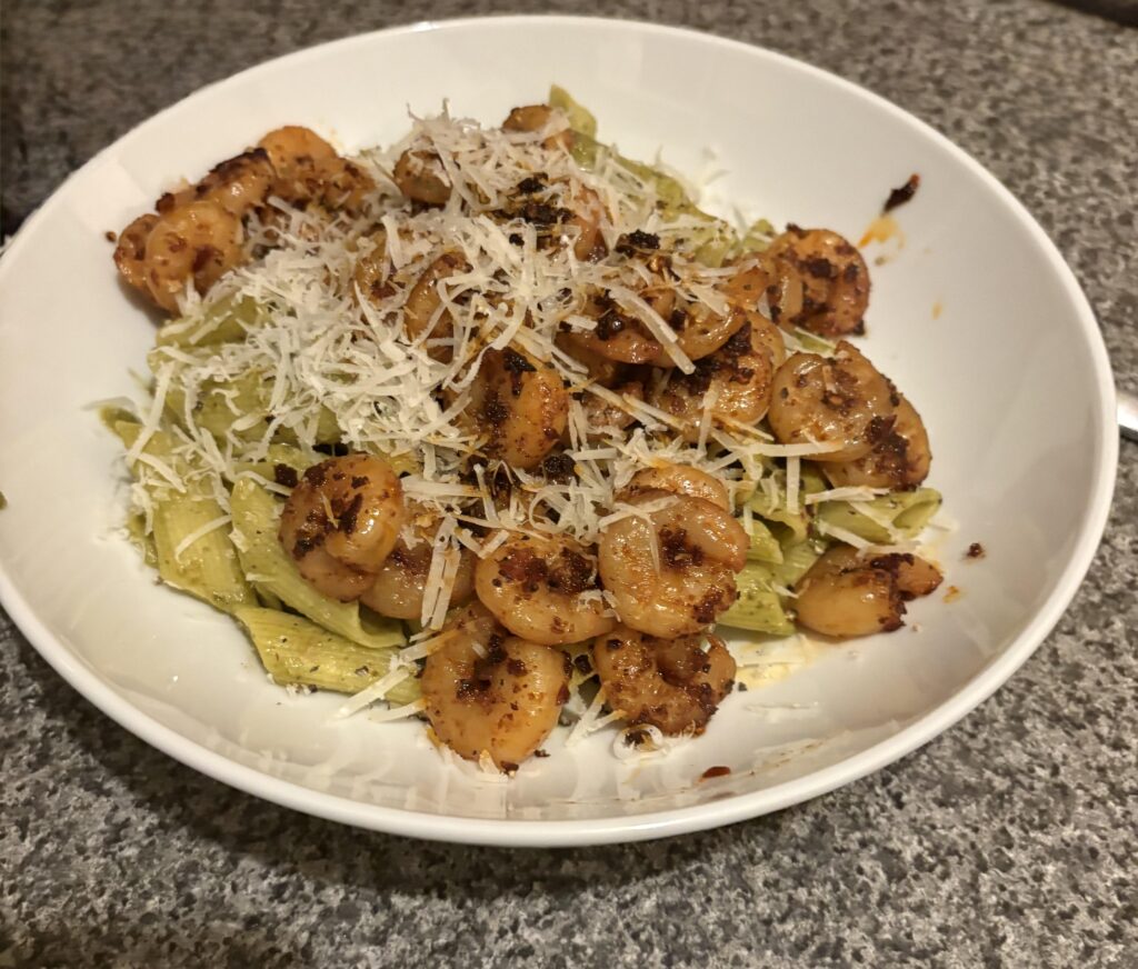 Pesto penne with chilli shrimp