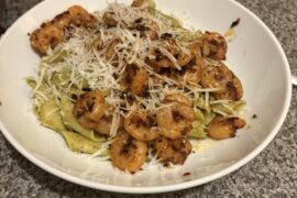 Pesto penne with chilli shrimp