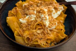 Pappardelle with vodka chicken sauce and chicken skin bread crumb!