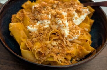 Pappardelle with vodka chicken sauce and chicken skin bread crumb!