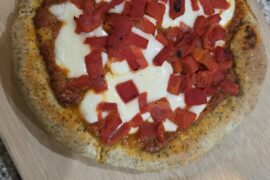 1st time making a cast iron skillet pizza. Roasted peppers, fresh mozzarella, and garlic and herb crust.