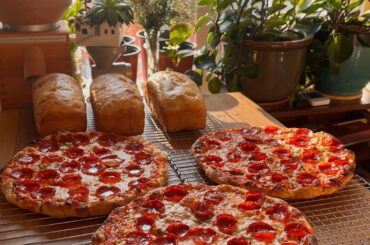 Pepperoni and jalapeño pizza baked on a steel
