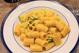 Mezzi rigatoni in saffron crema di parmigiano and zucchini