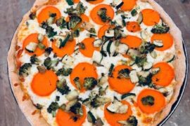 Homemade sweet potato, brocc, zucchini, mozz, red sauce