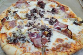 Today I made pizza with ground beef and bacon.