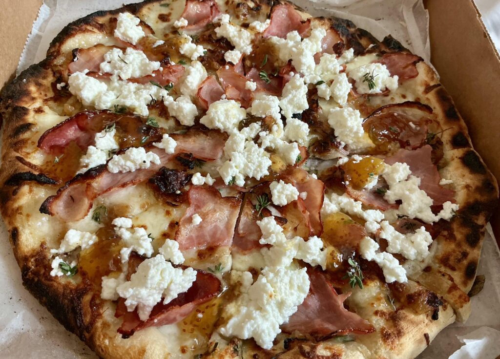 One of my favorites; Fig and Pig. Ham, caramelized onions, fresh whole milk mozzarella, fig preserves, homemade ricotta, and thyme. Gozney Rocbox.