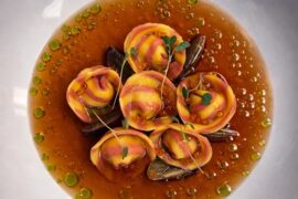 Octopus and Boursin Cappalletti, Octopus Consommé, Blistered Grapes, Smoked Trout Roe, Blistered Grapes